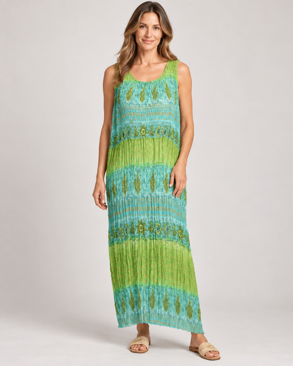 Coldwater Creek 14P Crinkle Maxi Dress Green Turquoise Paisley Boho Sleeveless